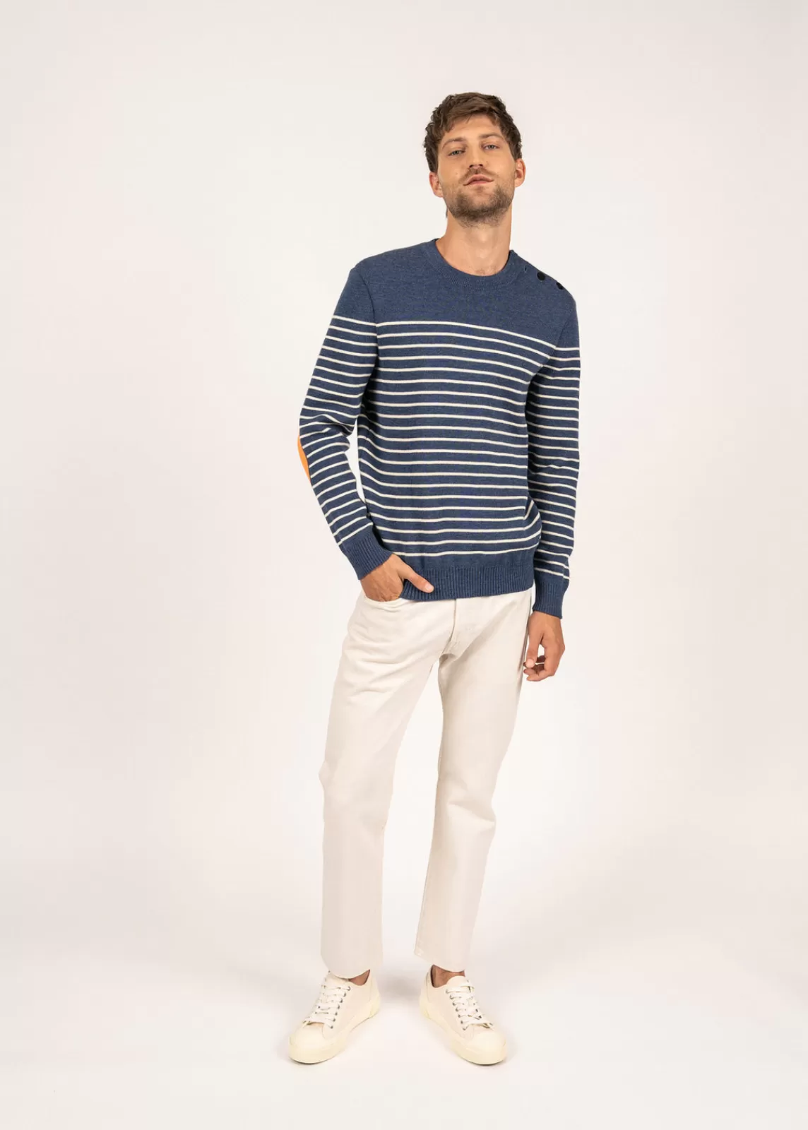 Sailor Jumpers>Saint James Binic striped sailor jumper JEAN/ECRU/ORANGEFLUO