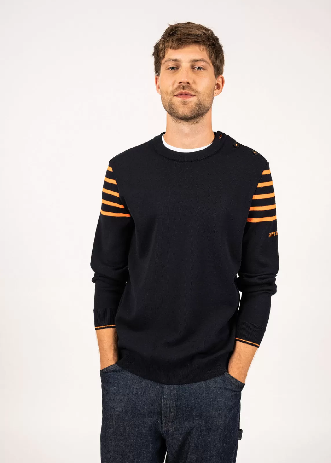 Sailor Jumpers>Saint James Sablons sailor jumper with shoulder striped yokes-  buttoned round neck, in wool NAVY/ORANGEFLUO