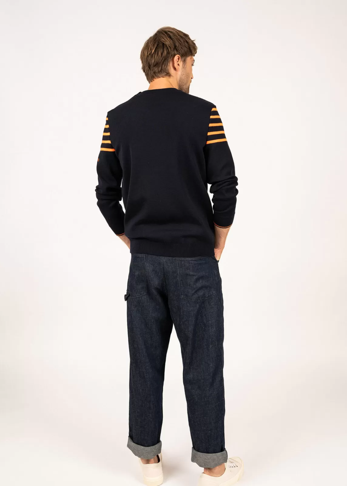 Sailor Jumpers>Saint James Sablons sailor jumper with shoulder striped yokes-  buttoned round neck, in wool NAVY/ORANGEFLUO