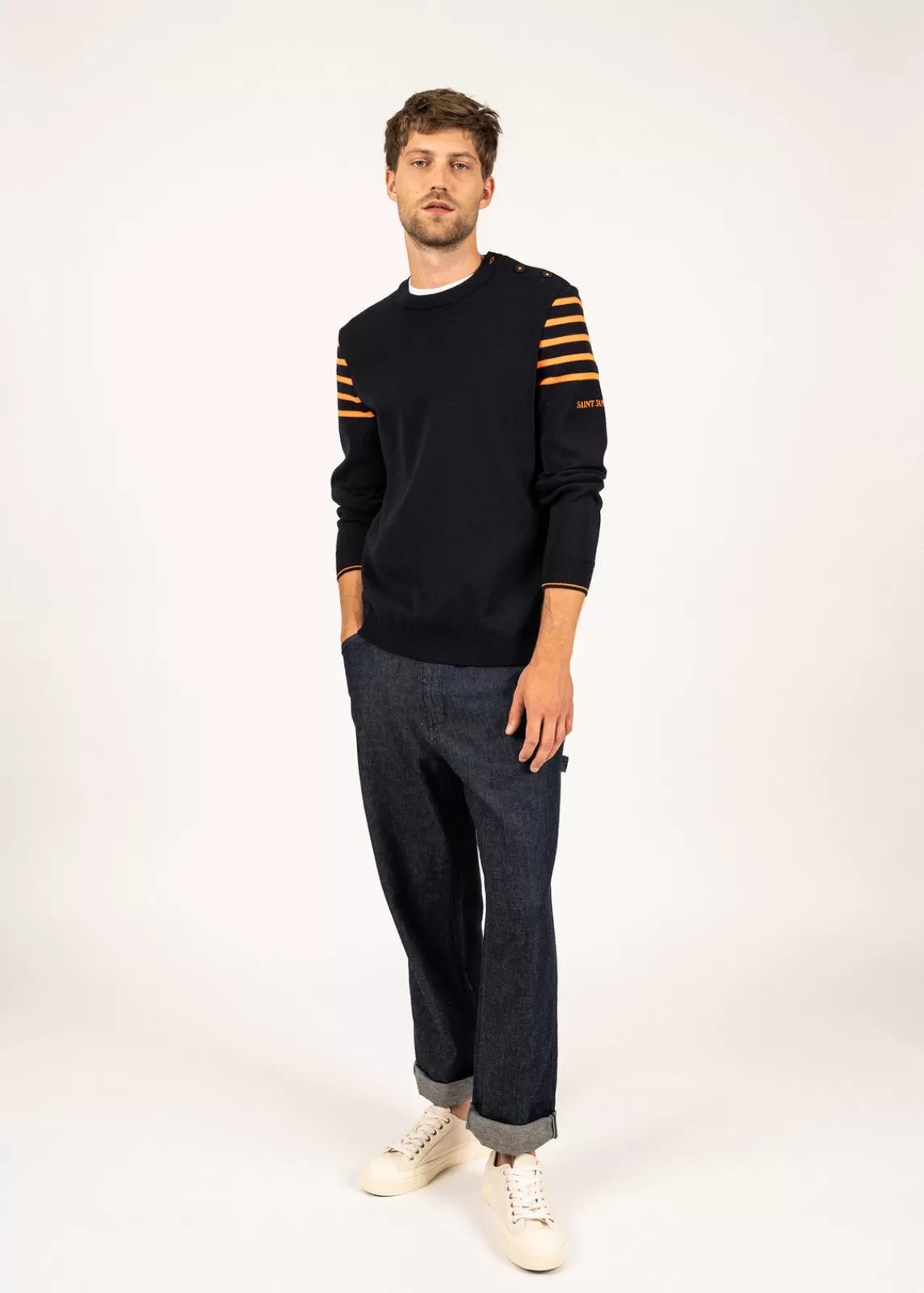 Sailor Jumpers>Saint James Sablons sailor jumper with shoulder striped yokes-  buttoned round neck, in wool NAVY/ORANGEFLUO