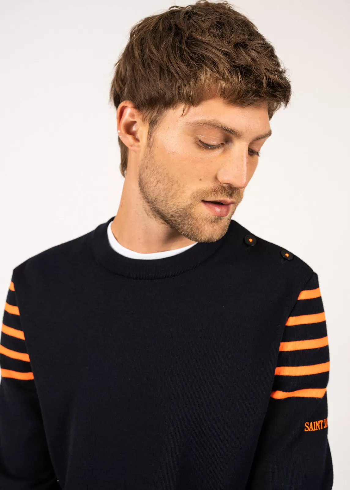 Sailor Jumpers>Saint James Sablons sailor jumper with shoulder striped yokes-  buttoned round neck, in wool NAVY/ORANGEFLUO