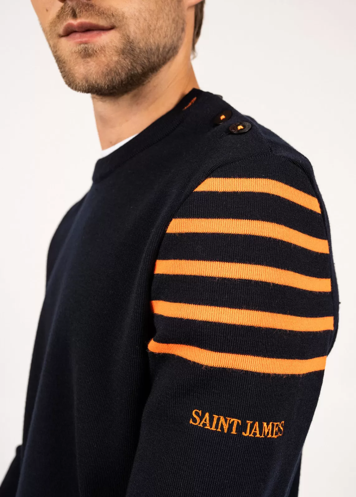 Sailor Jumpers>Saint James Sablons sailor jumper with shoulder striped yokes-  buttoned round neck, in wool NAVY/ORANGEFLUO